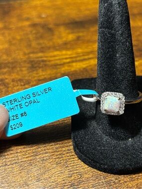 Sterling Silver White Opal Halo Ring - Size 8